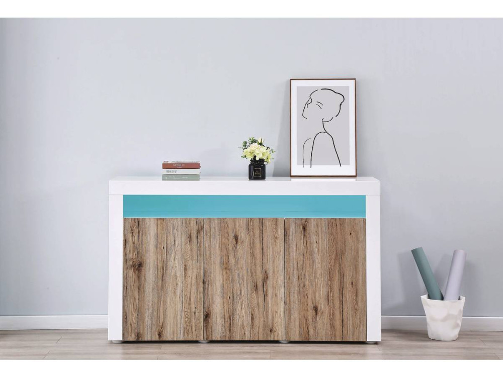 Buffet LED "Bogota" - 155 x 40 x 92 cm - Chêne / Blanc laqué
