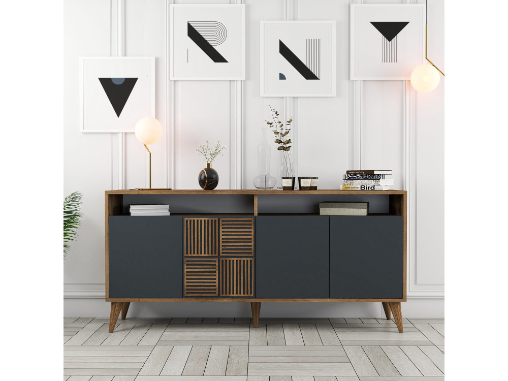 Buffet en bois "Milan" - 160 x 35 x 78 cm - Noyer, Anthracite