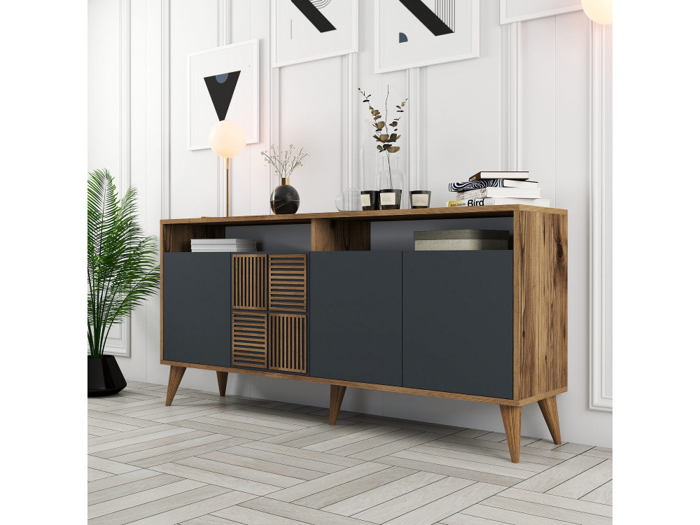 Buffet en bois "Milan" - 160 x 35 x 78 cm - Noyer, Anthracite