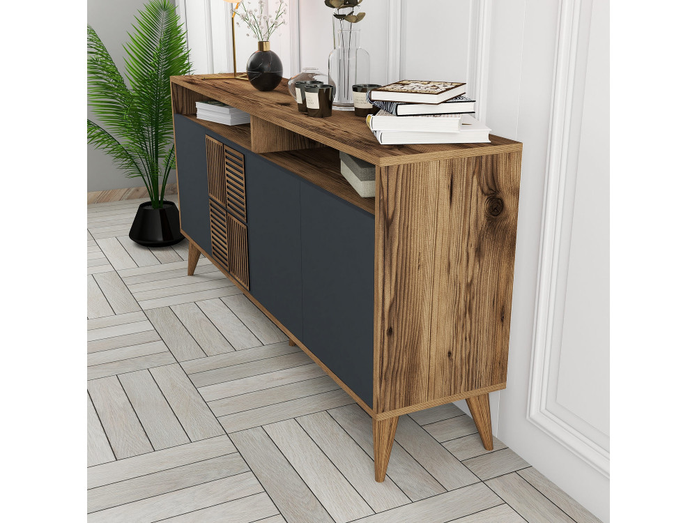 Buffet en bois "Milan" - 160 x 35 x 78 cm - Noyer, Anthracite