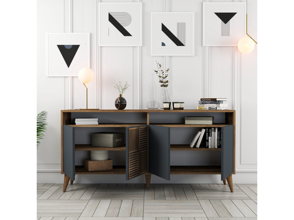Buffet en bois "Milan" - 160 x 35 x 78 cm - Noyer, Anthracite