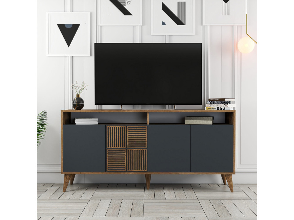 Buffet en bois "Milan" - 160 x 35 x 78 cm - Noyer, Anthracite