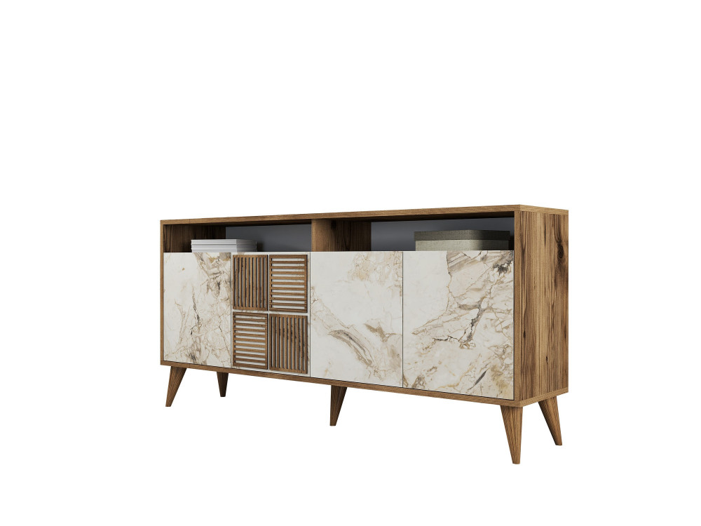 Buffet en bois "Milan" - 160 x 35 x 78 cm - Noyer, Marbre Blanc