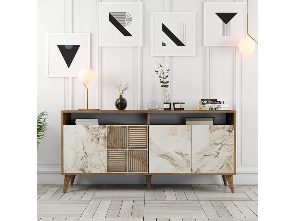Buffet en bois "Milan" - 160 x 35 x 78 cm - Noyer, Marbre Blanc