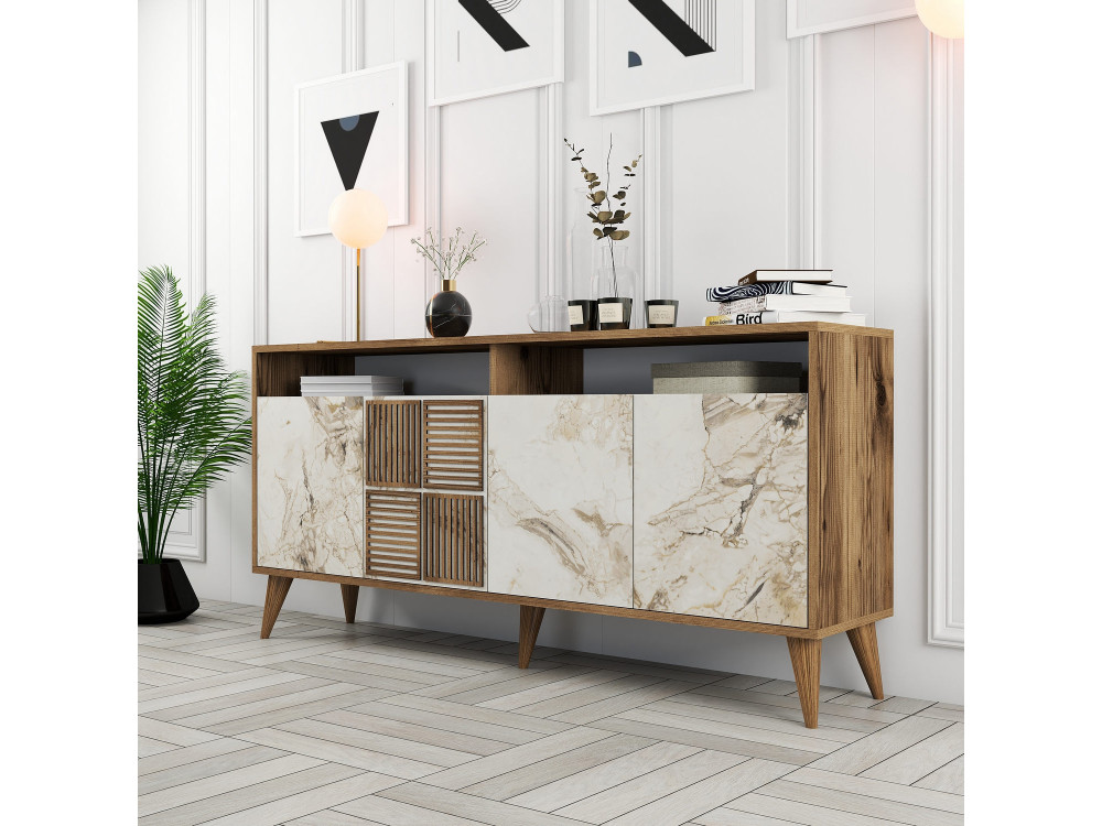 Buffet en bois "Milan" - 160 x 35 x 78 cm - Noyer, Marbre Blanc