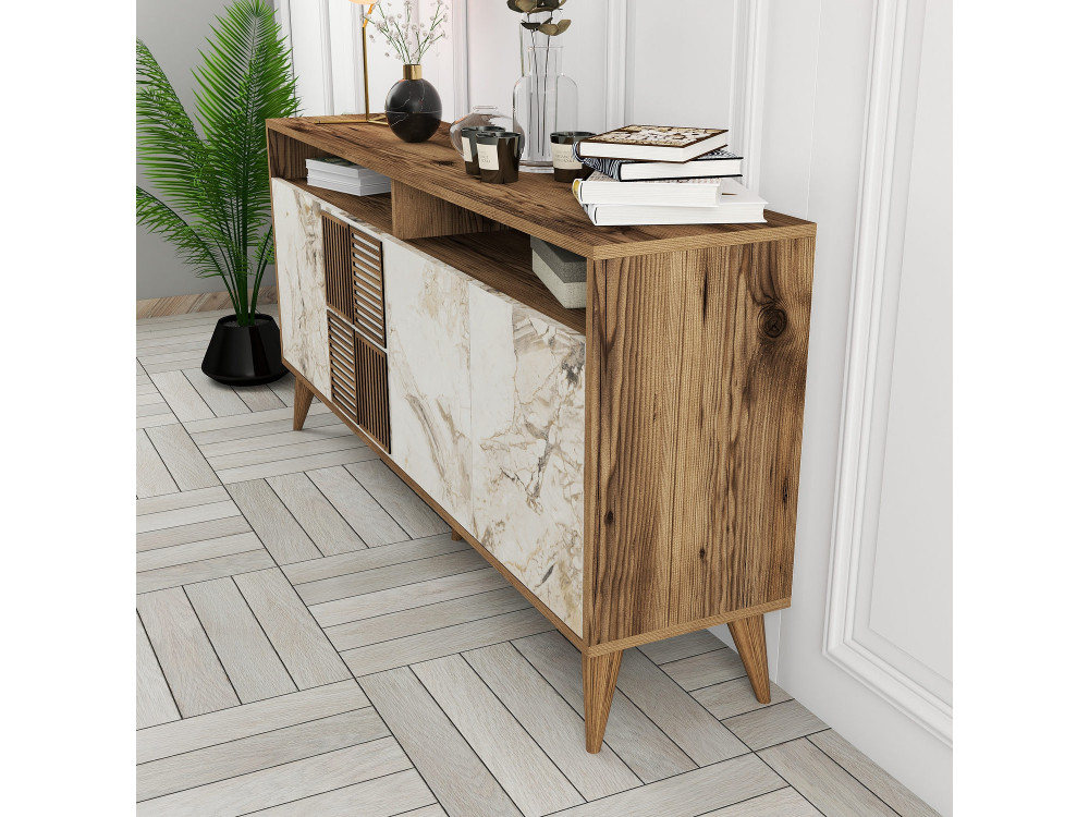 Buffet en bois "Milan" - 160 x 35 x 78 cm - Noyer, Marbre Blanc
