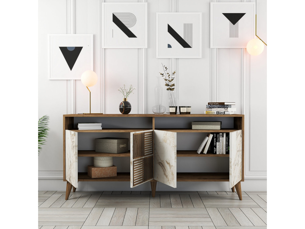 Buffet en bois "Milan" - 160 x 35 x 78 cm - Noyer, Marbre Blanc
