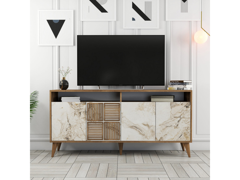 Buffet en bois "Milan" - 160 x 35 x 78 cm - Noyer, Marbre Blanc
