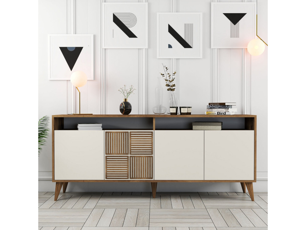 Buffet en bois "Milan" - 180 x 35 x 78 cm - Noyer, Crème