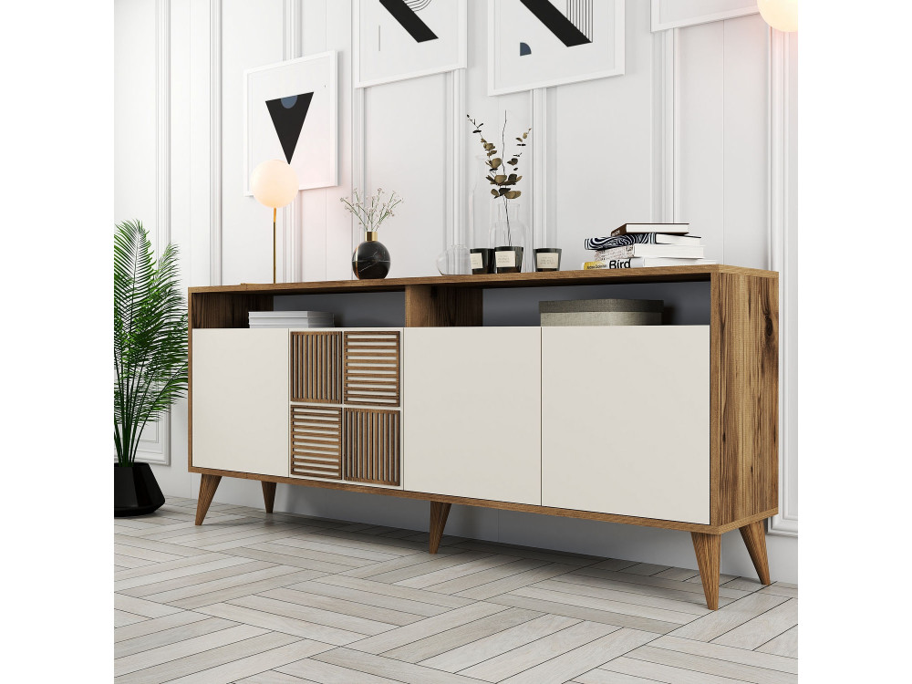 Buffet en bois "Milan" - 180 x 35 x 78 cm - Noyer, Crème