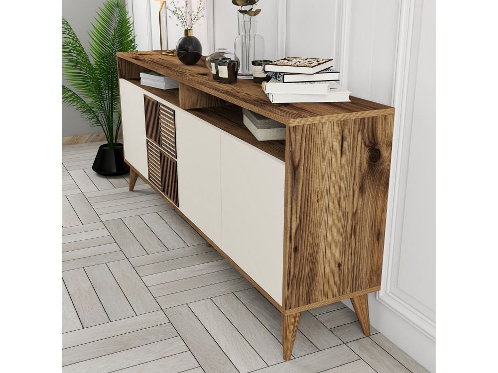 Buffet en bois "Milan" - 180 x 35 x 78 cm - Noyer, Crème