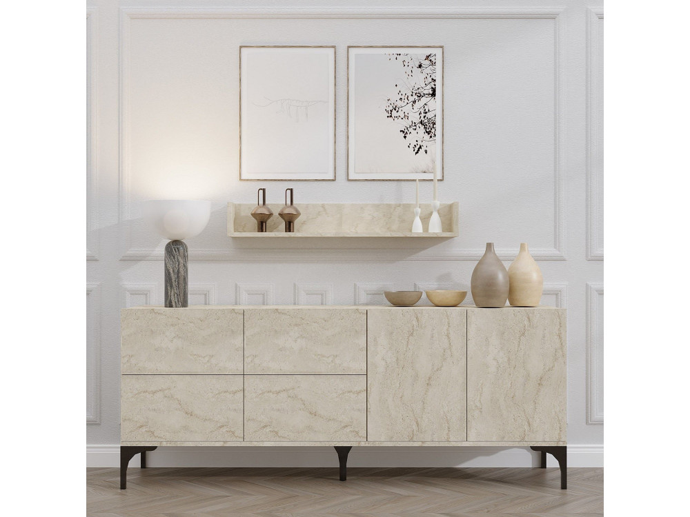Buffet en bois avec étagère murale "Stella" - 180 x 40 x 55 cm - Travertin