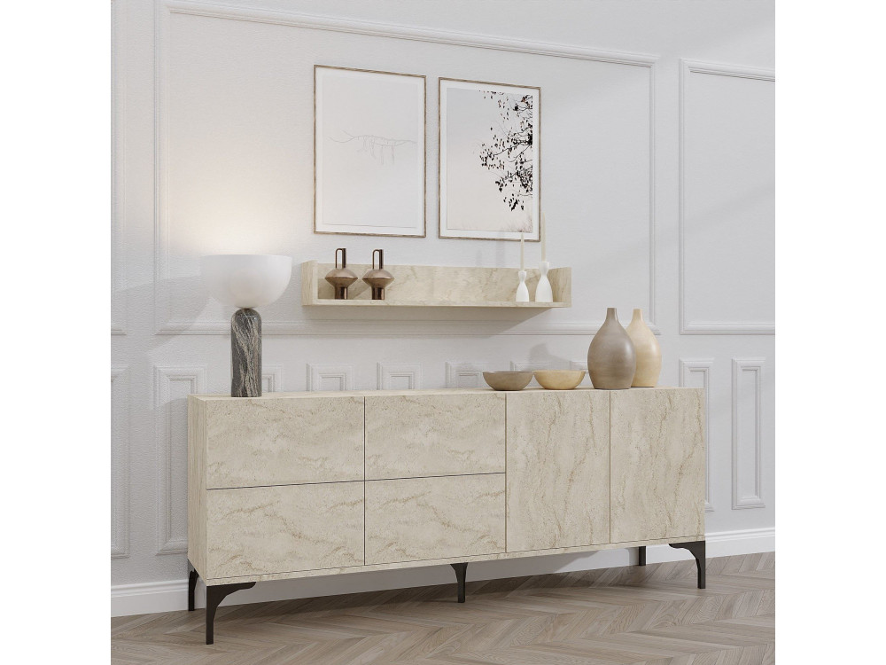 Buffet en bois avec étagère murale "Stella" - 180 x 40 x 55 cm - Travertin