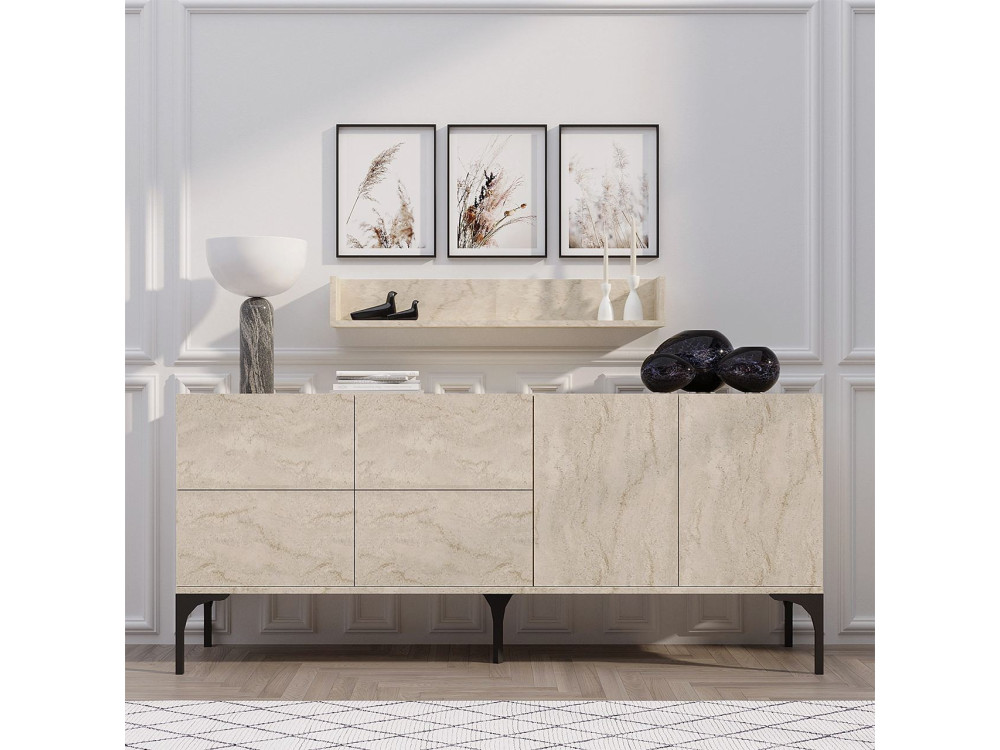 Buffet en bois avec étagère murale "Stella" - 180 x 40 x 55 cm - Travertin
