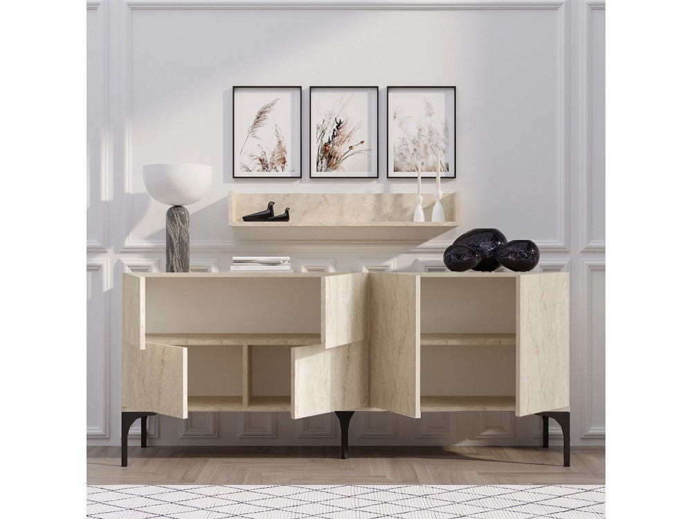 Buffet en bois avec étagère murale "Stella" - 180 x 40 x 55 cm - Travertin