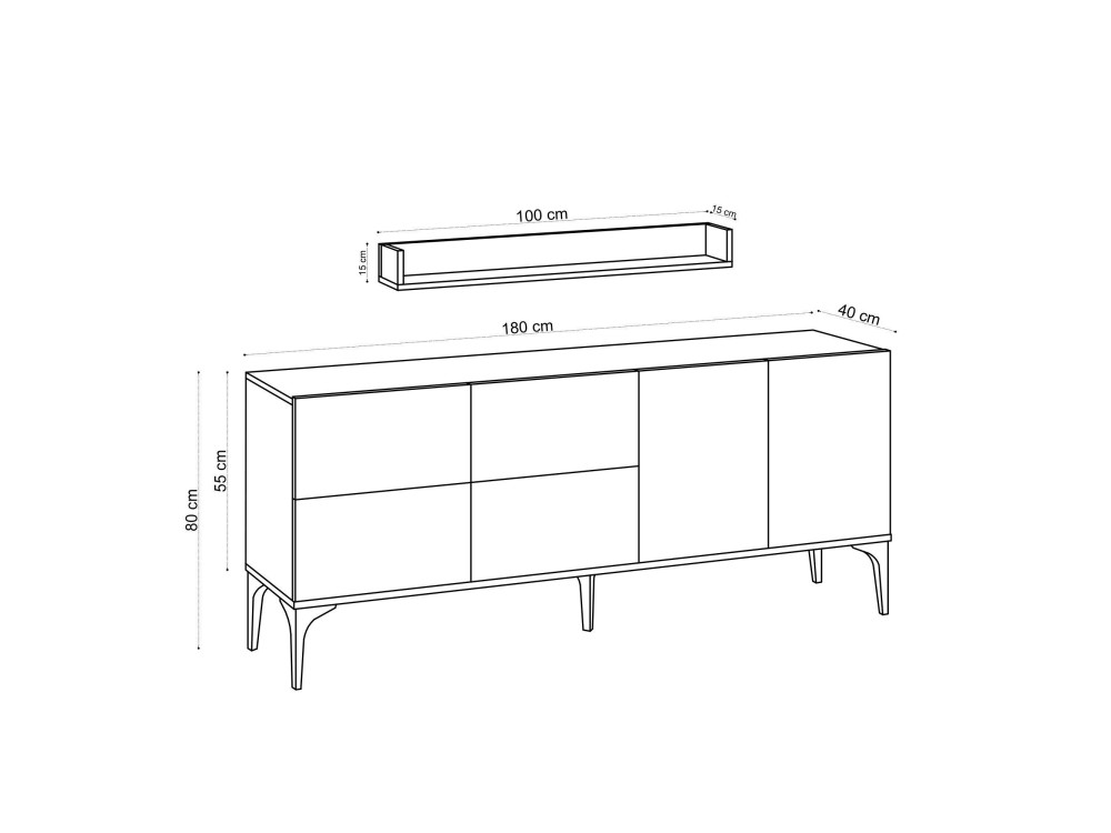 Buffet en bois avec étagère murale "Stella" - 180 x 40 x 55 cm - Travertin