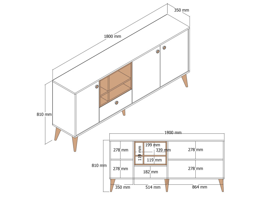 Buffet en bois "Napoli" - 180 x 35 x 81 cm - Crème