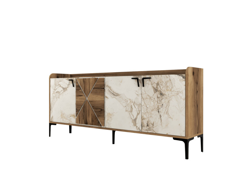 Buffet en bois "Venedik" - 180 x 35 x 78 cm - Blanc marbré