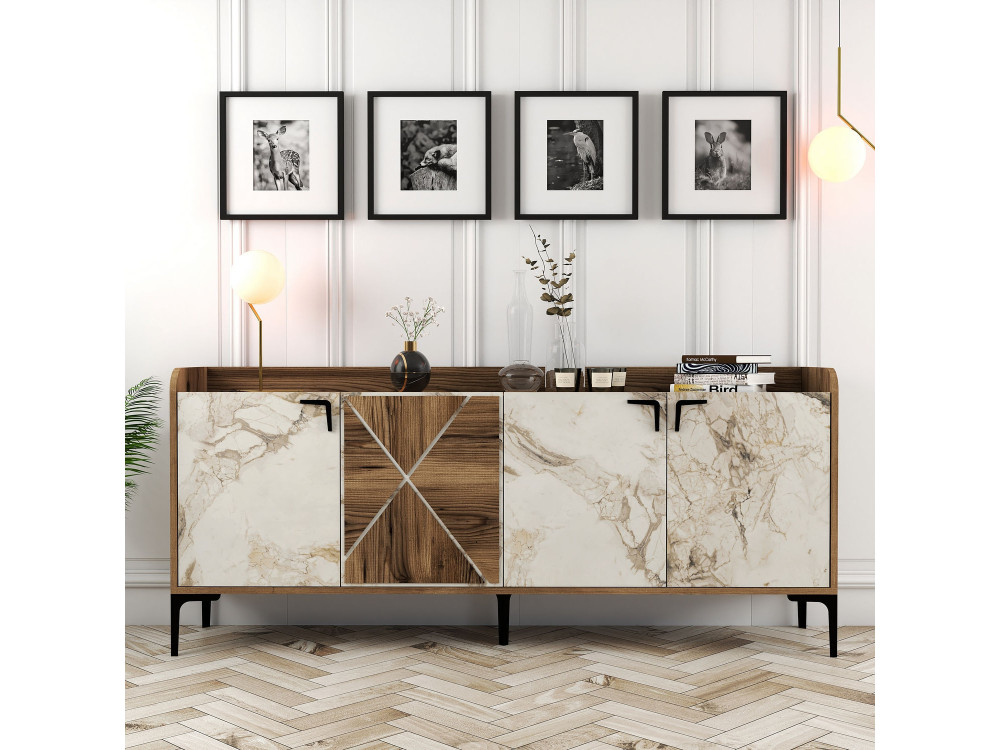 Buffet en bois "Venedik" - 180 x 35 x 78 cm - Blanc marbré