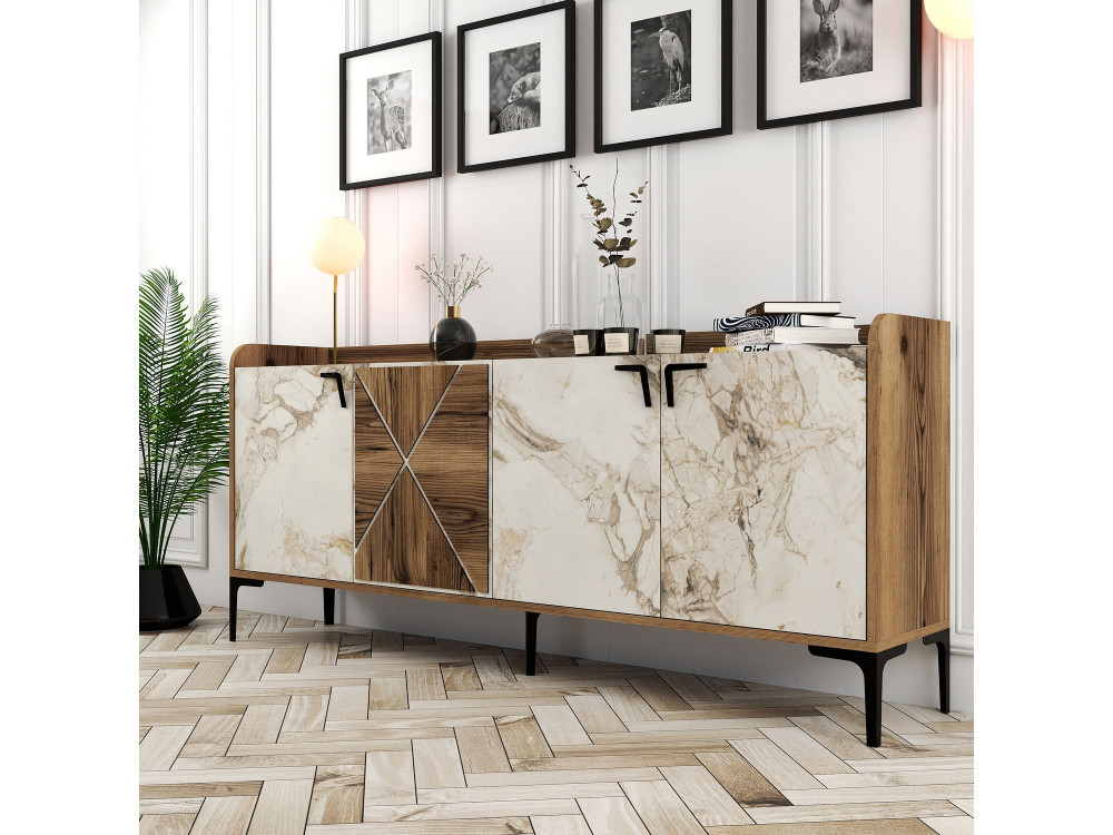Buffet en bois "Venedik" - 180 x 35 x 78 cm - Blanc marbré