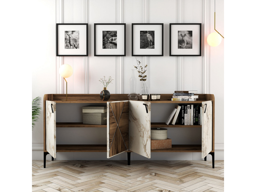Buffet en bois "Venedik" - 180 x 35 x 78 cm - Blanc marbré
