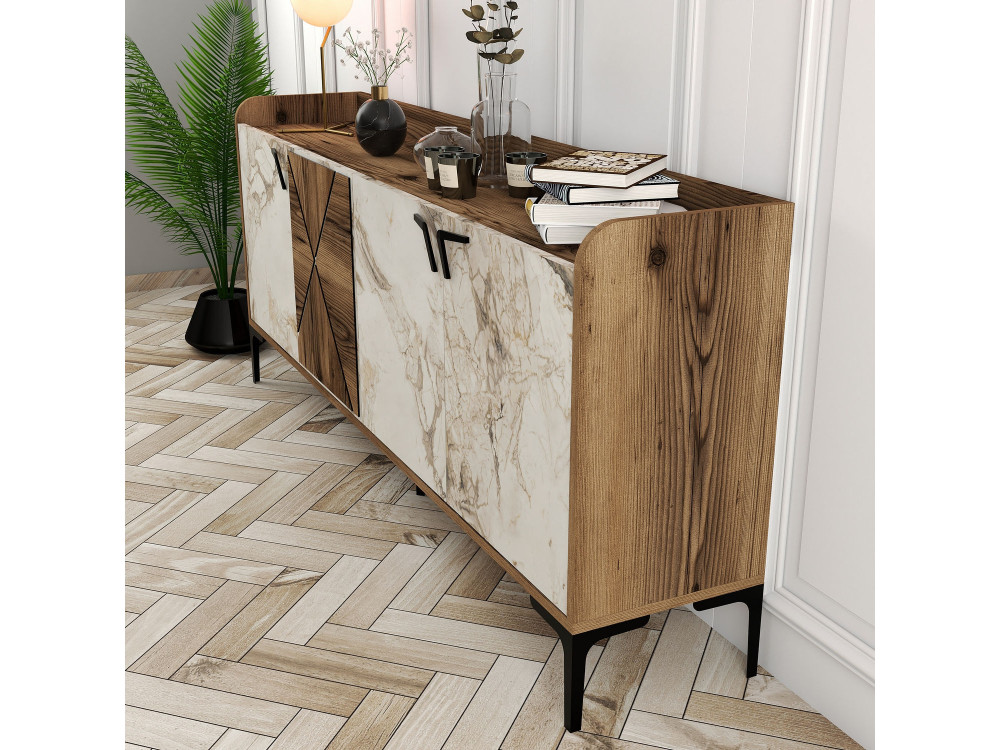 Buffet en bois "Venedik" - 180 x 35 x 78 cm - Blanc marbré