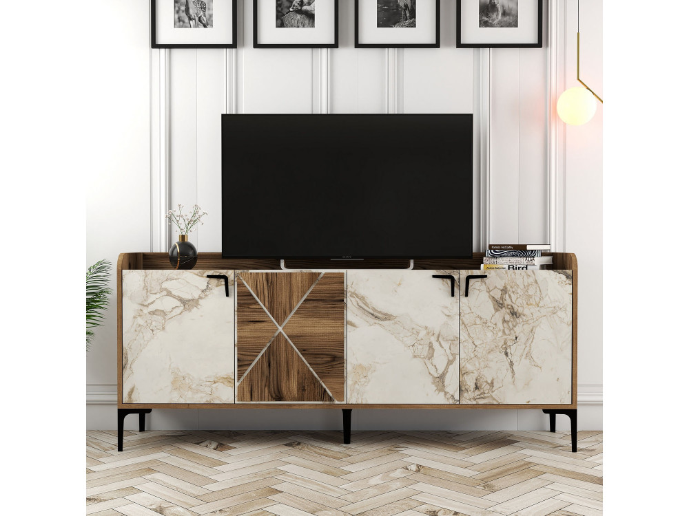 Buffet en bois "Venedik" - 180 x 35 x 78 cm - Blanc marbré