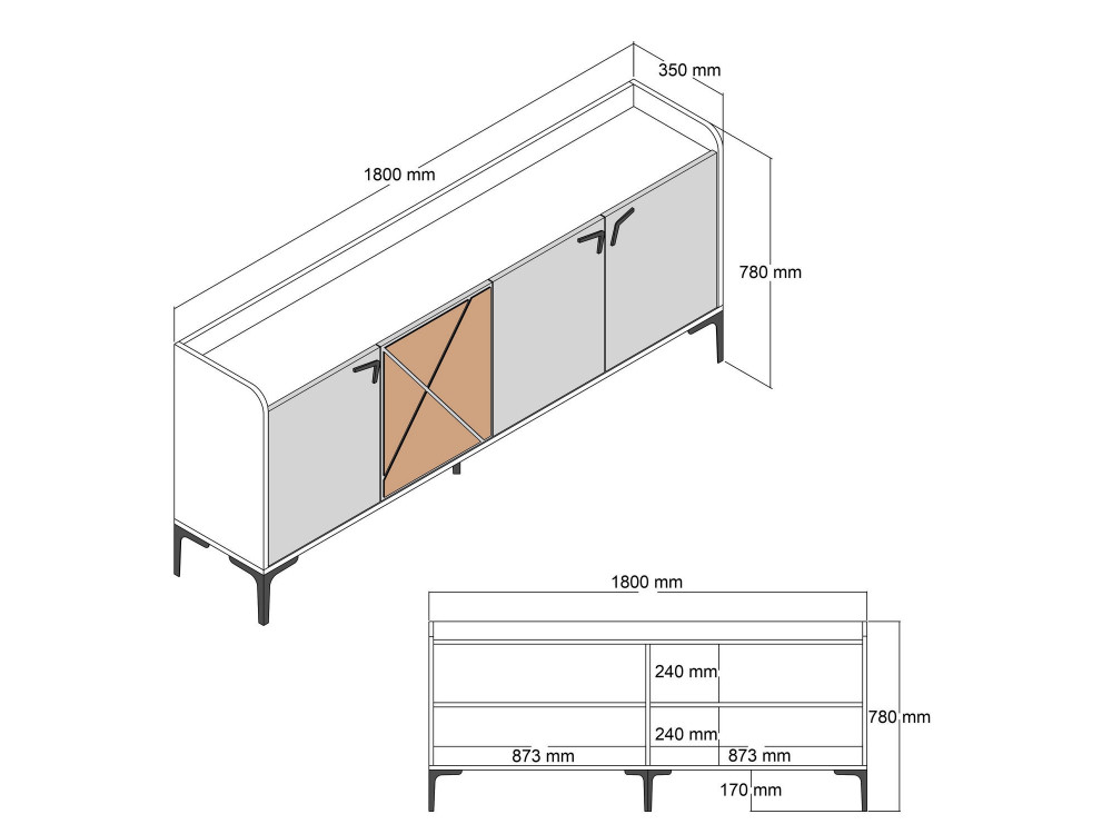 Buffet en bois "Venedik" - 180 x 35 x 78 cm - Blanc marbré