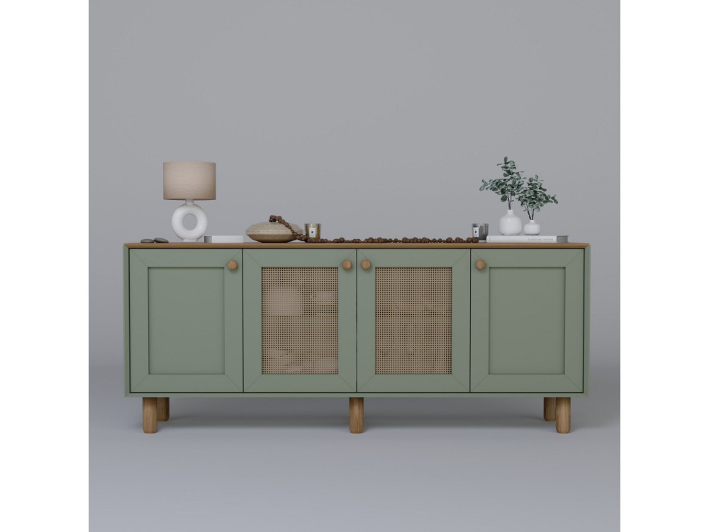 Buffet en bois et cannage "Bohemian" - 180 x 40 x 75 cm - Vert