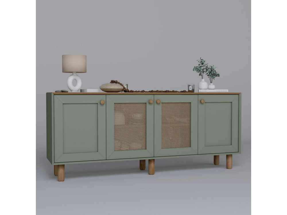 Buffet en bois et cannage "Bohemian" - 180 x 40 x 75 cm - Vert