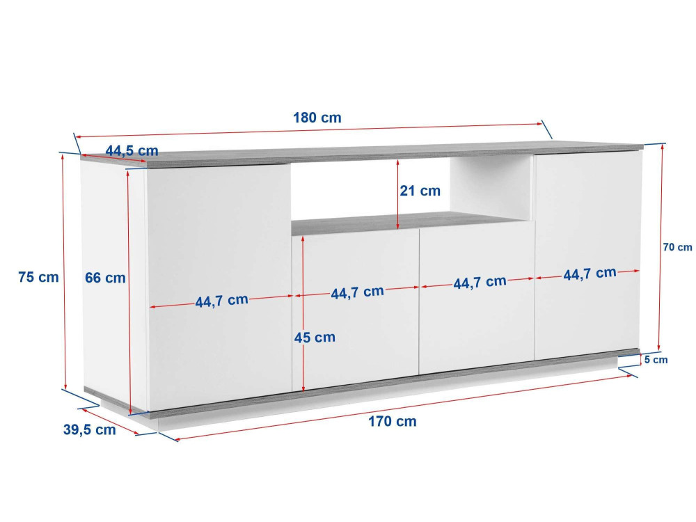 Buffet en bois "Arista" - 180 x 44.5 x 75 cm - Blanc / Chêne Cadiz