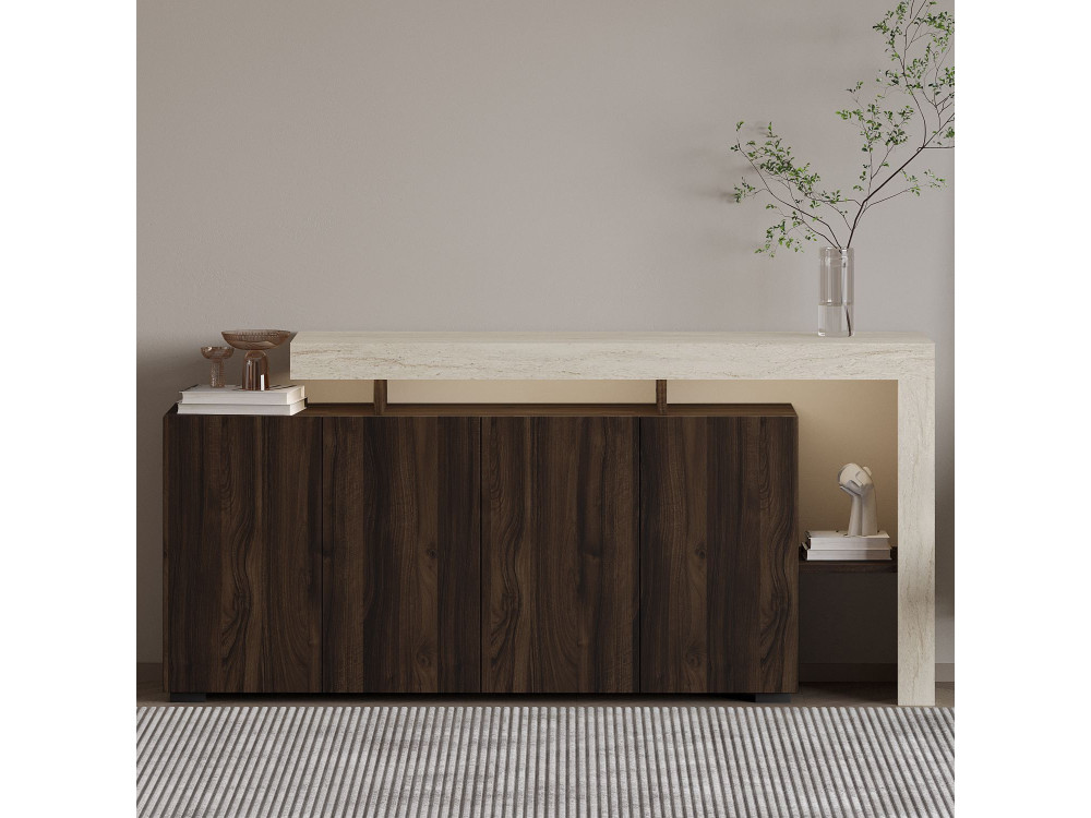 Buffet en bois "Beliz" - 170 x 35 x 80 cm - Travertin / Noyer