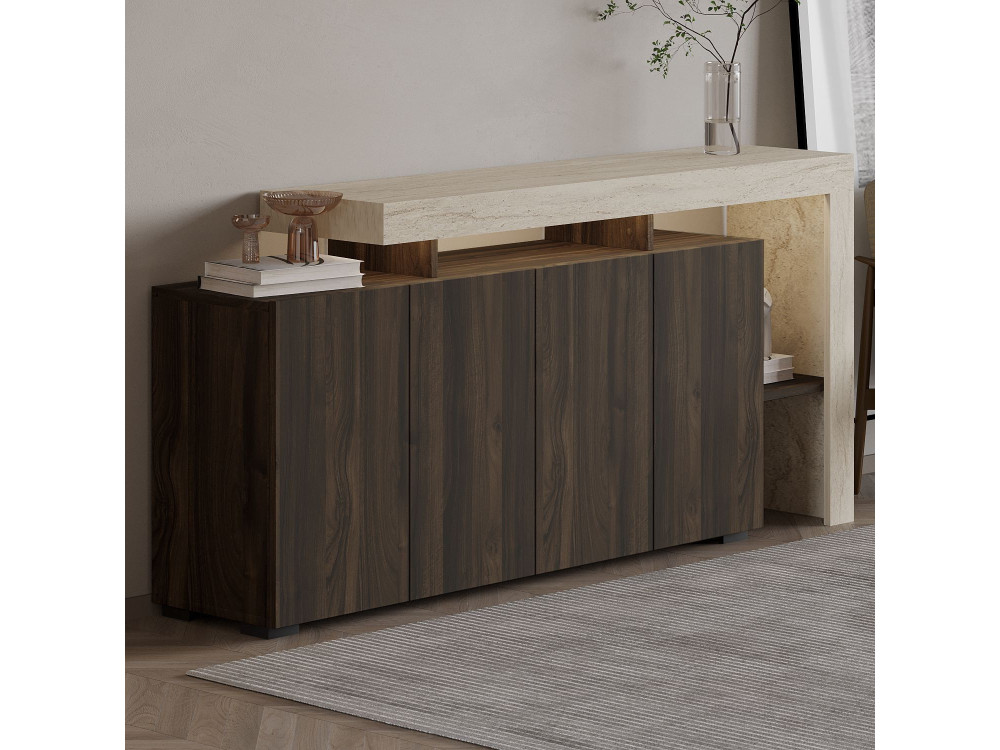 Buffet en bois "Beliz" - 170 x 35 x 80 cm - Travertin / Noyer