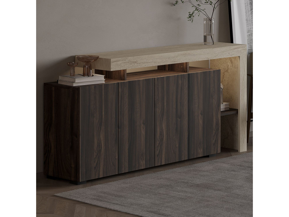 Buffet en bois "Beliz" - 170 x 35 x 80 cm - Travertin / Noyer