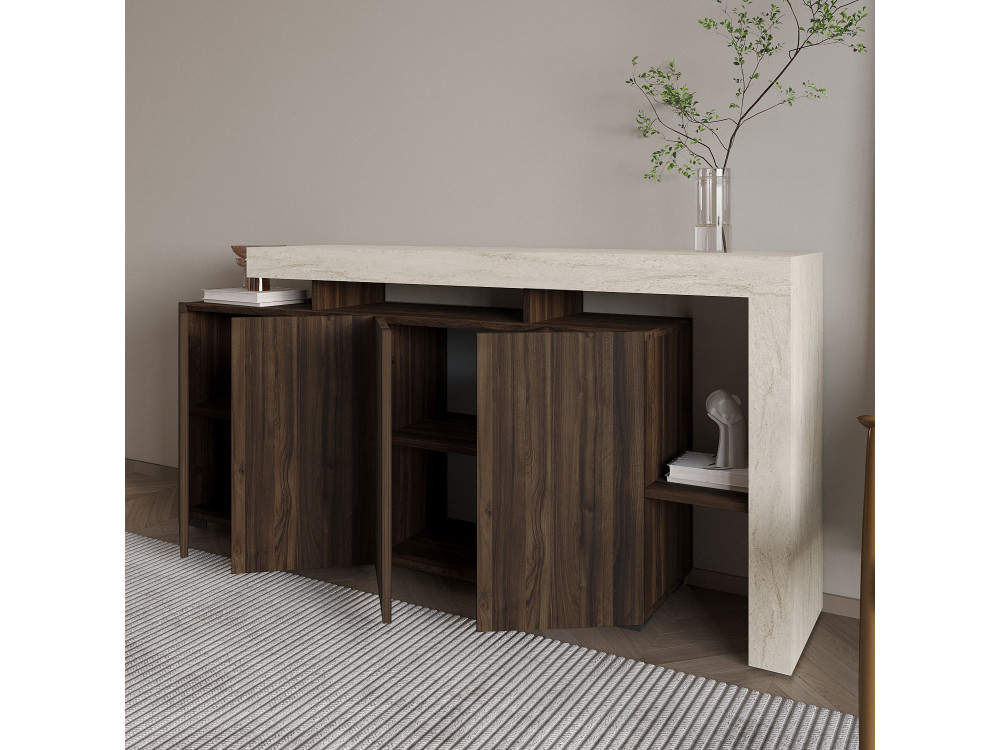 Buffet en bois "Beliz" - 170 x 35 x 80 cm - Travertin / Noyer