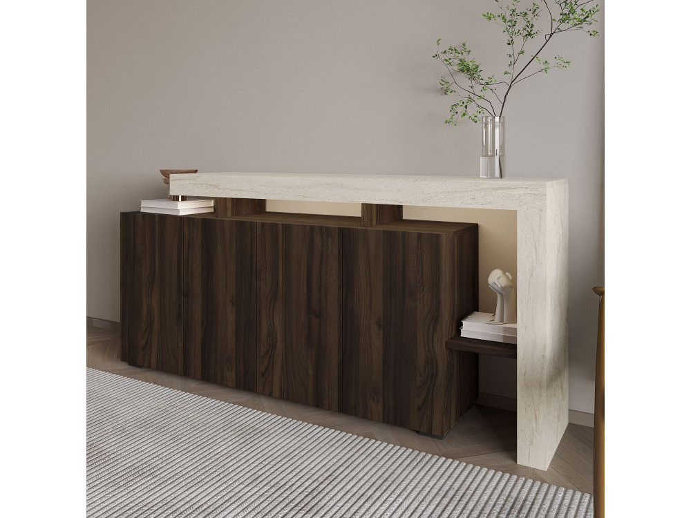 Buffet en bois "Beliz" - 170 x 35 x 80 cm - Travertin / Noyer