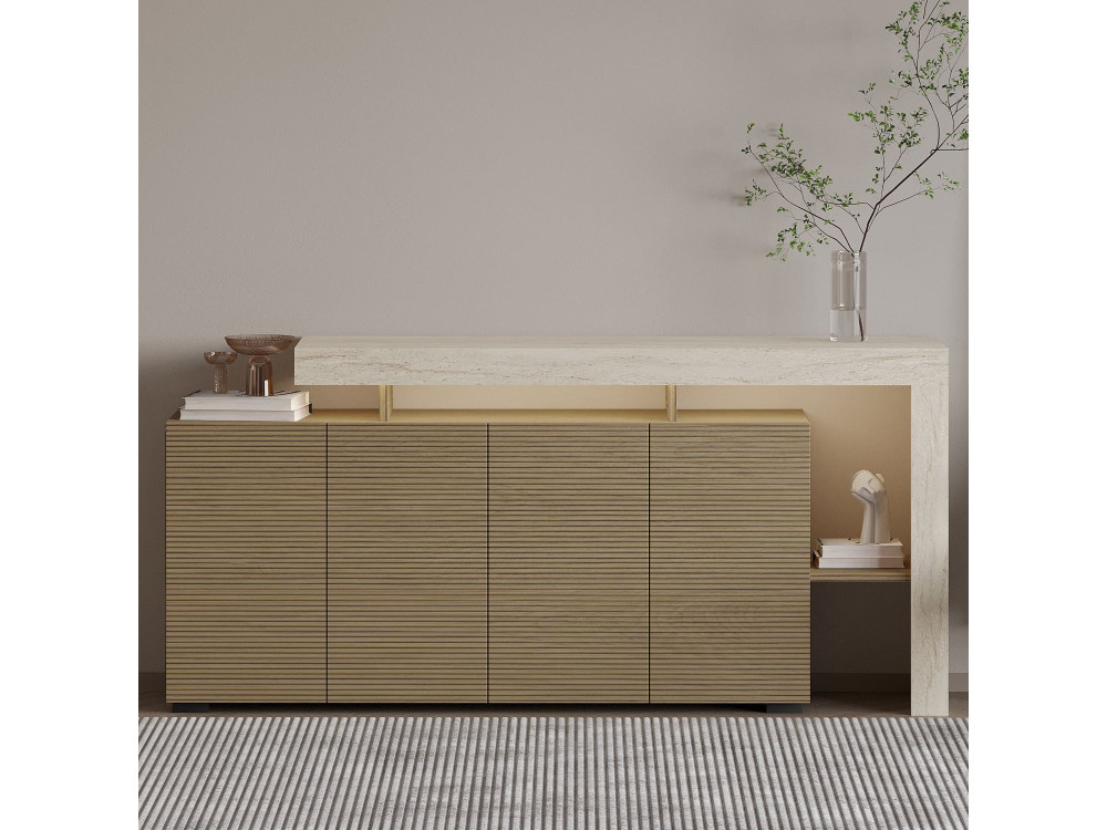 Buffet en bois "Beliz" - 170 x 35 x 80 cm - Travertin / Chêne Chaud