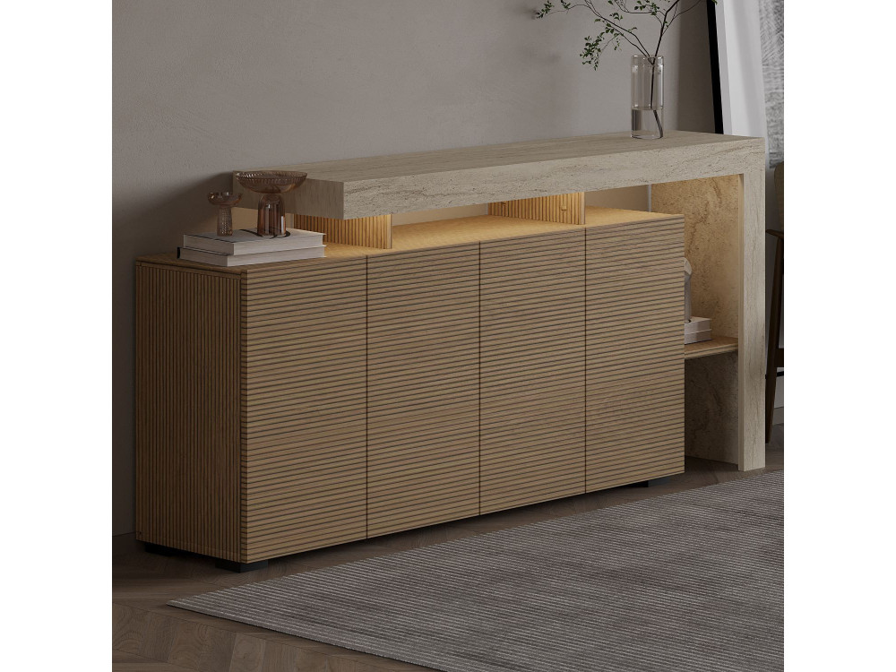 Buffet en bois "Beliz" - 170 x 35 x 80 cm - Travertin / Chêne Chaud