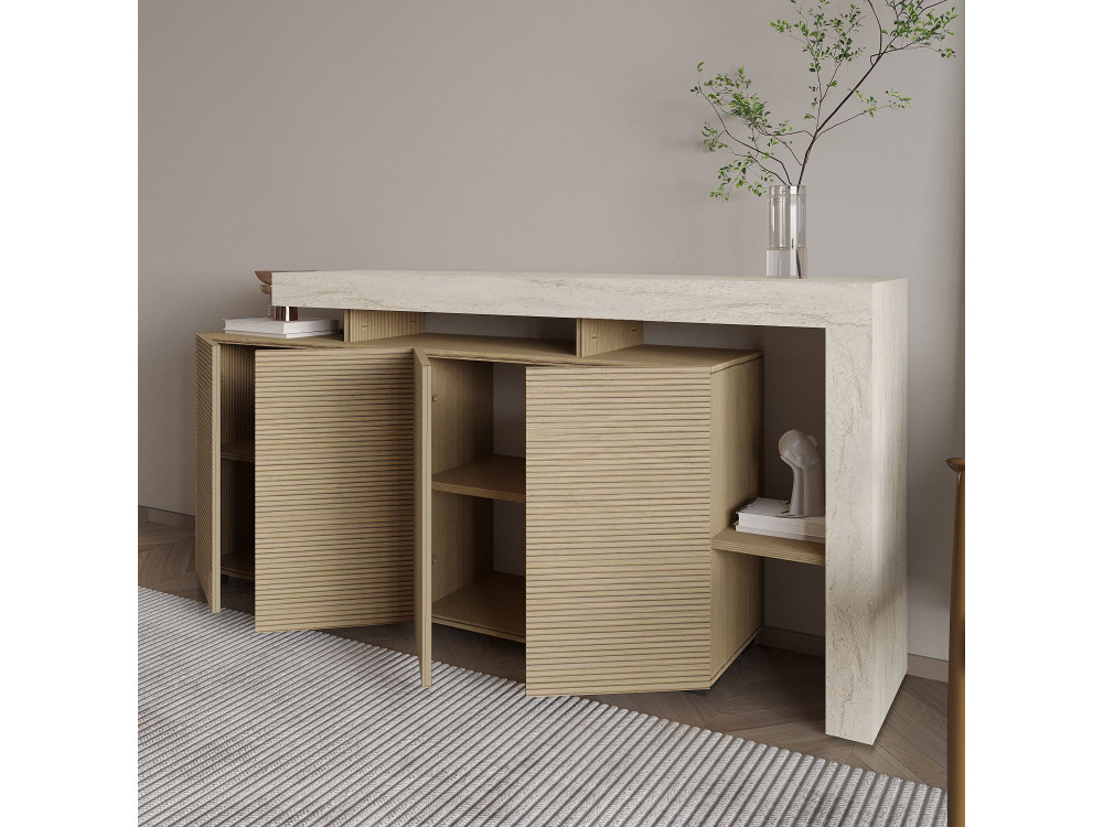 Buffet en bois "Beliz" - 170 x 35 x 80 cm - Travertin / Chêne Chaud