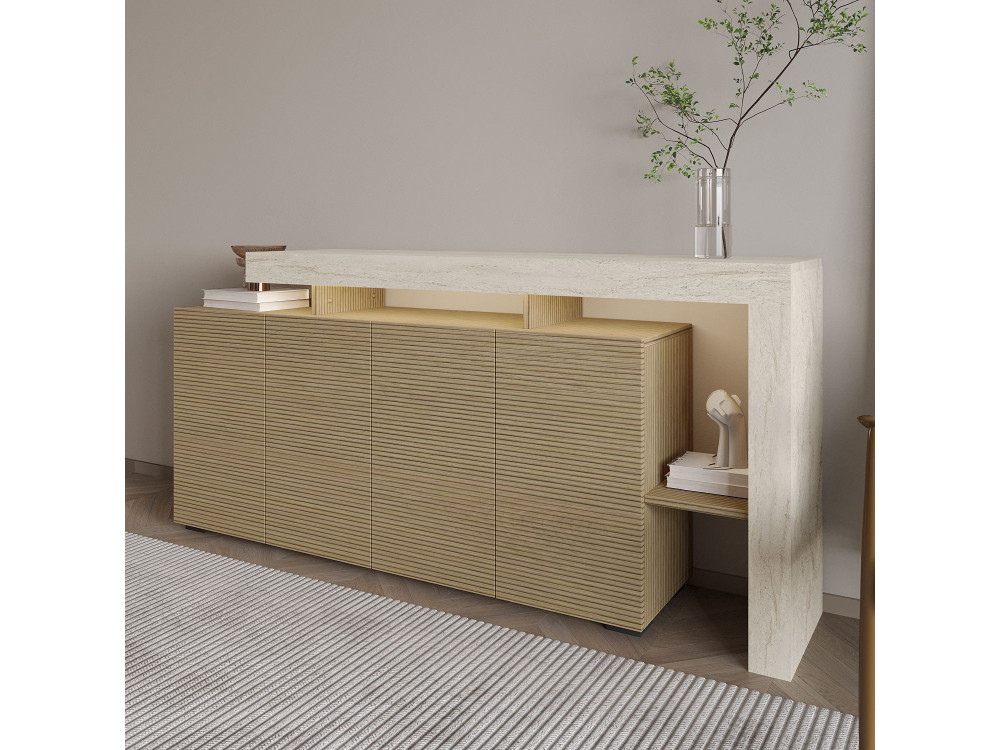 Buffet en bois "Beliz" - 170 x 35 x 80 cm - Travertin / Chêne Chaud