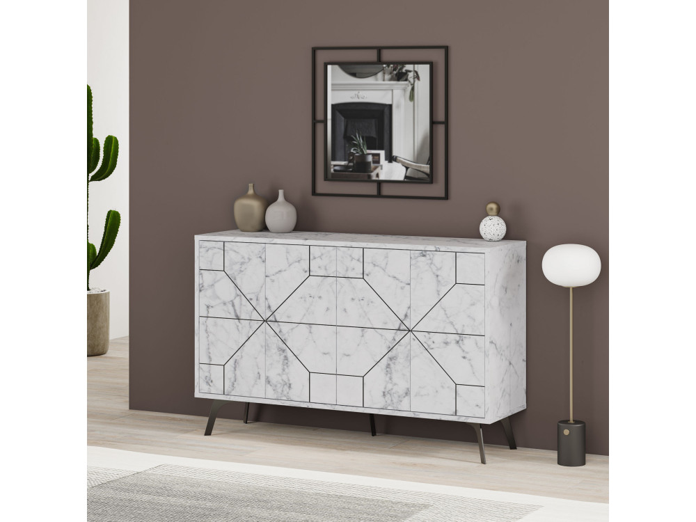 Buffet en bois "Dune" - 123 x 35 x 62 cm - Blanc marbré