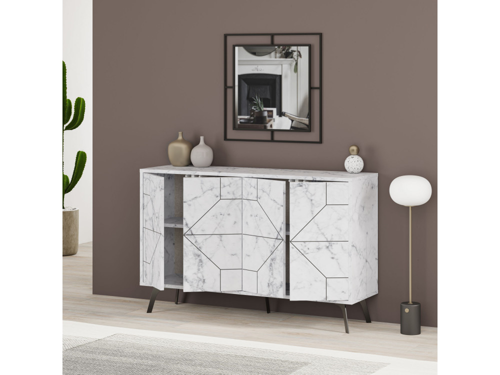 Buffet en bois "Dune" - 123 x 35 x 62 cm - Blanc marbré