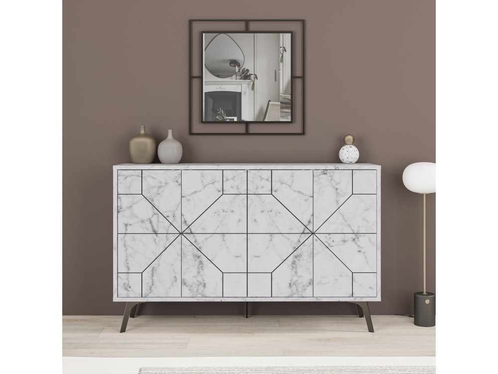 Buffet en bois "Dune" - 123 x 35 x 62 cm - Blanc marbré
