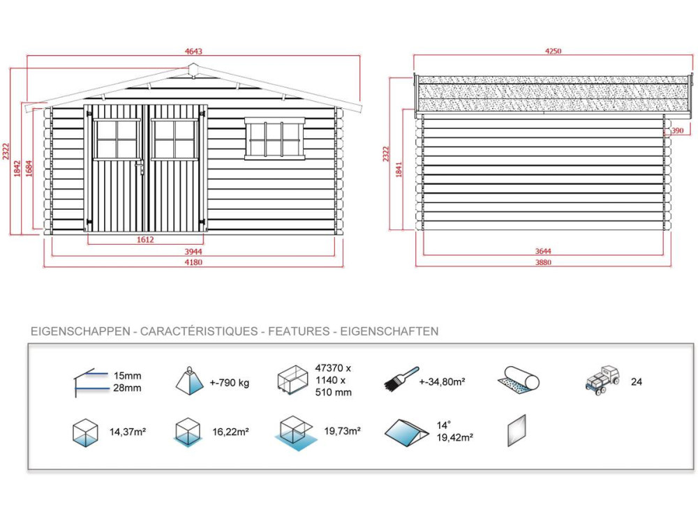 Abri jardin bois - 19,72 m² - 4.64 x 4.25 x 2,32 m - 28 mm