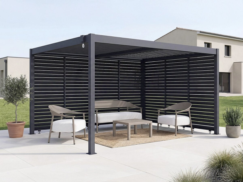 Pergola bioclimatique avec 7 persiennes en aluminium "Windsor" - 3 x 4 m - Gris