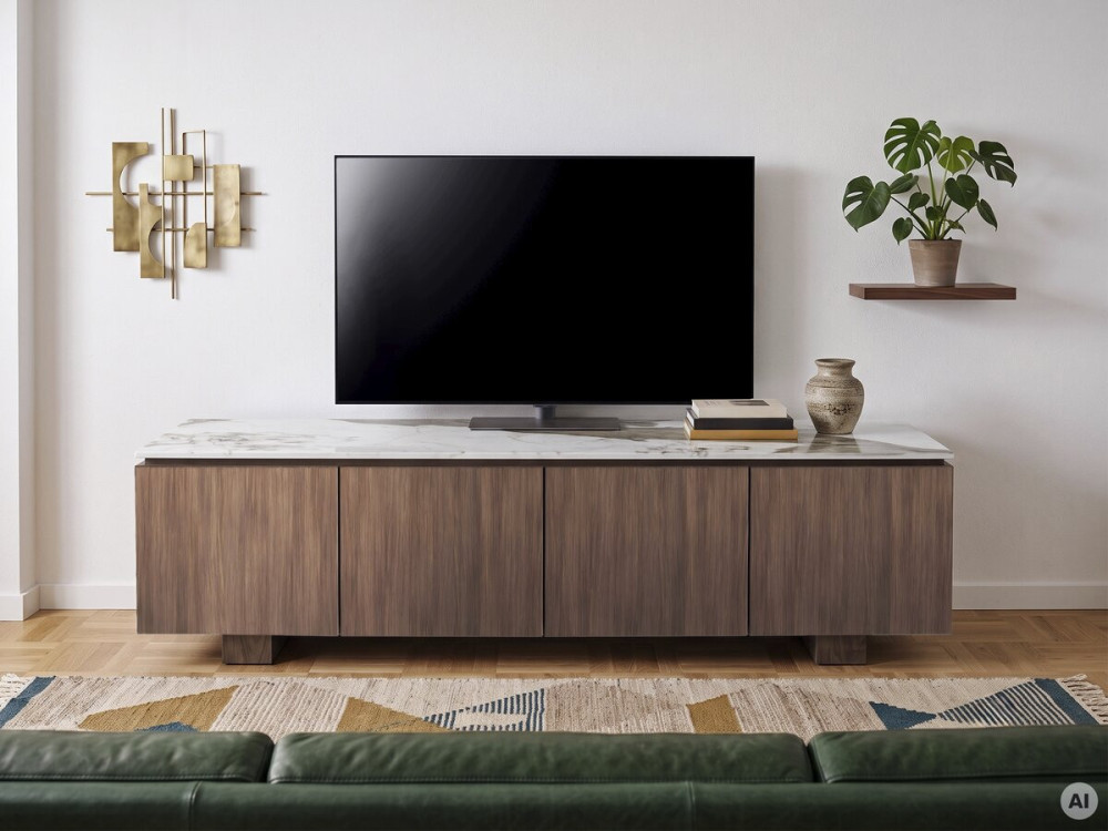 Meuble TV en bois avec plateau en céramique "Elma" - 160 x 45 x 45 cm - Marron
