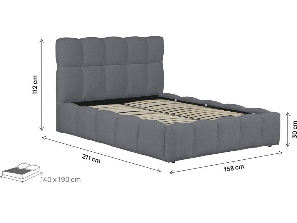 Lit double en tissu avec coffre "Davos" - 140 x 190 cm - Gris