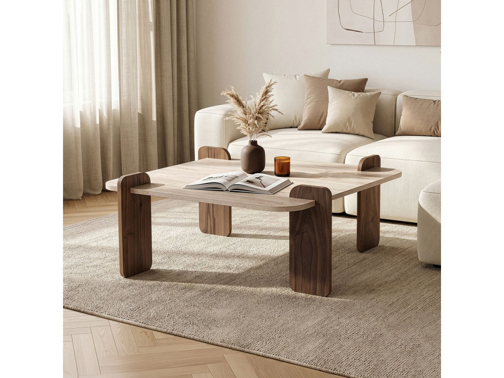 Table basse en bois "Marais" - 117 x 117 x 35 cm - Travertin / Noyer Venezia