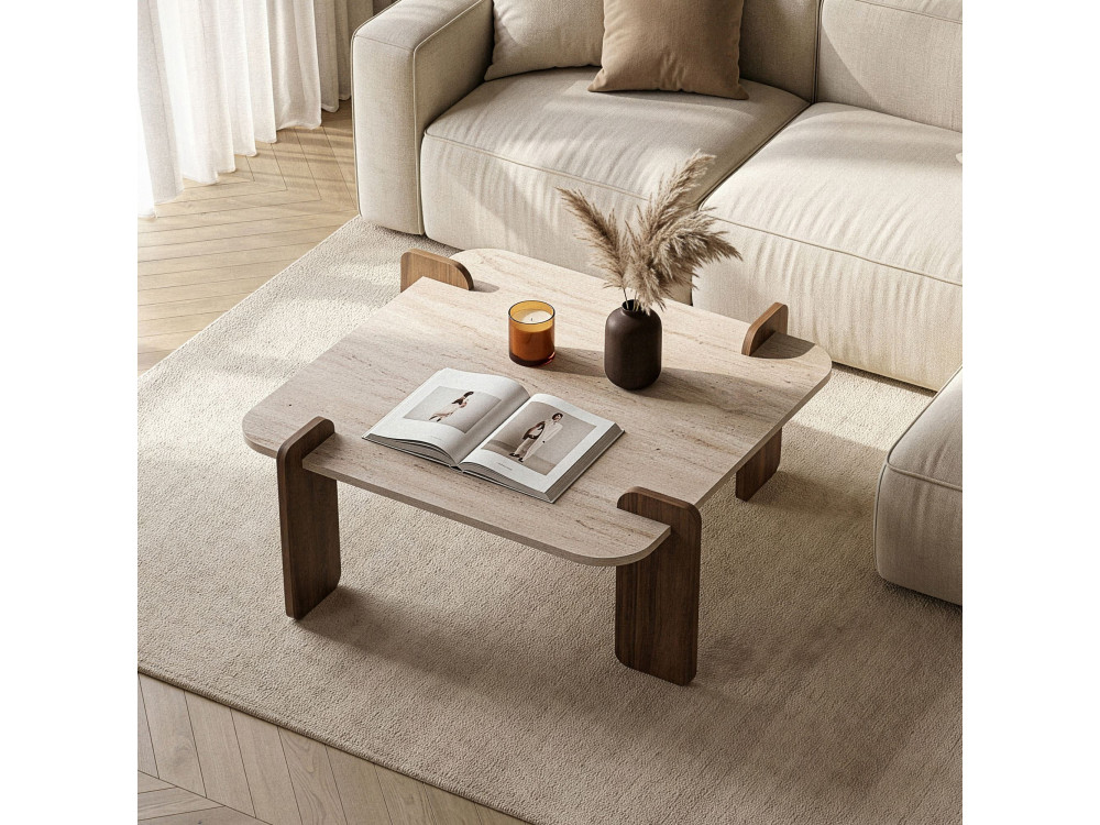Table basse en bois "Marais" - 117 x 117 x 35 cm - Travertin / Noyer Venezia