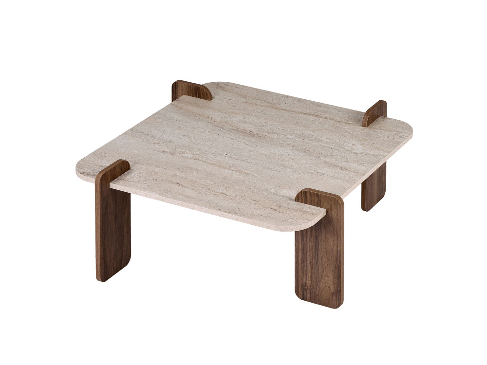 Table basse en bois "Marais" - 117 x 117 x 35 cm - Travertin / Noyer Venezia